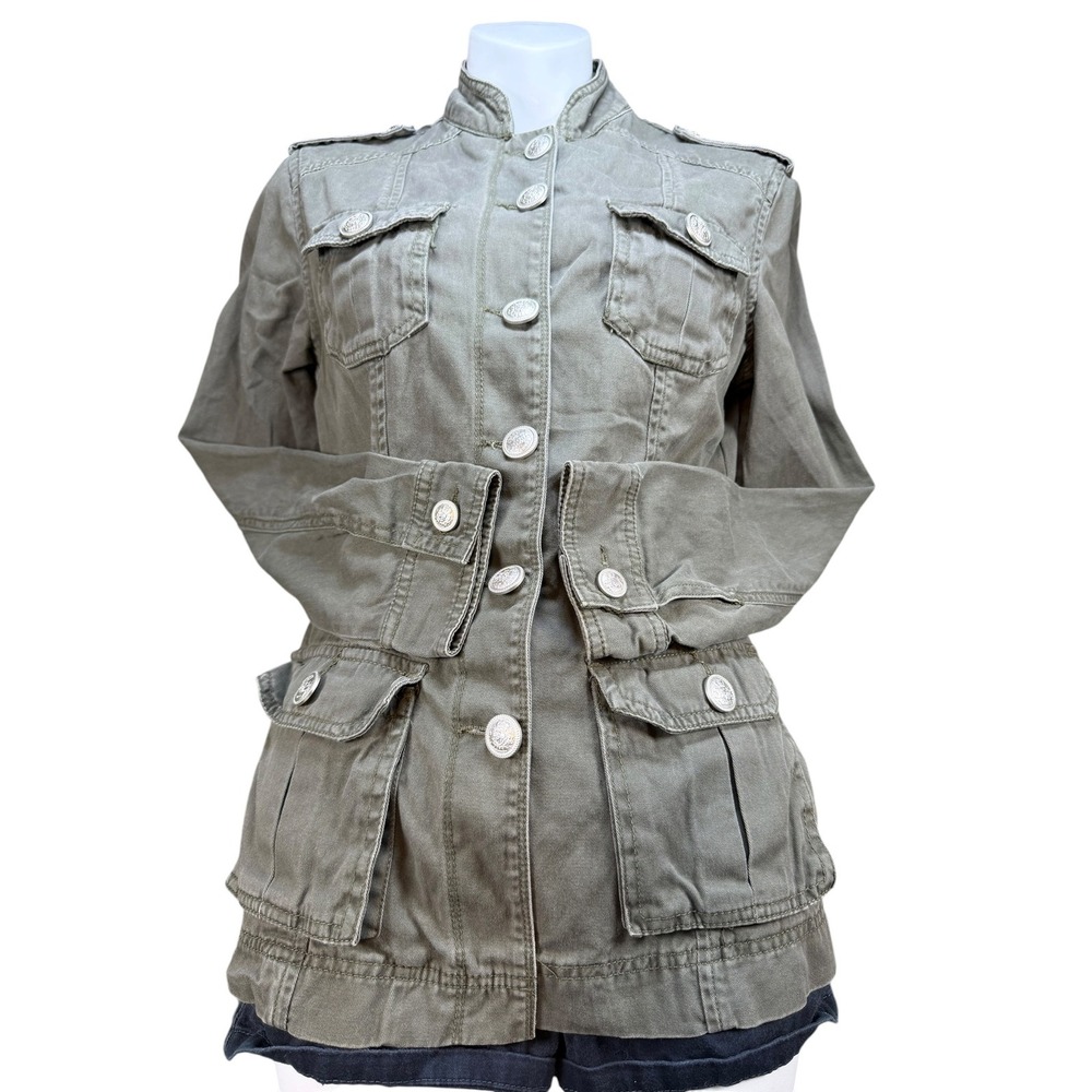 Kingdom B Womens 6 Olive Green Military Utility Jacket Crest Buttons Y2K Small